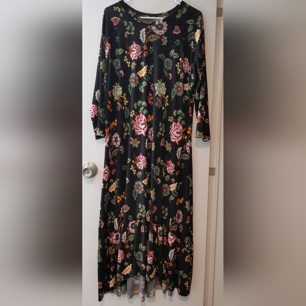 Black Floral Midi Dress High Low Ruffle Hem Multicolor XL No Brand Custom